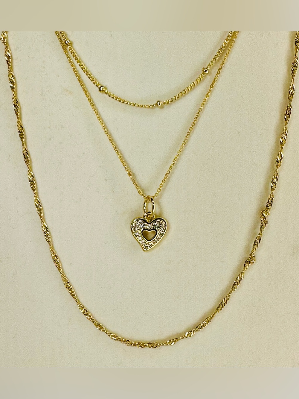 Handmade Layered Gold Tone Necklace 3 Chains Heart & Flag Charms